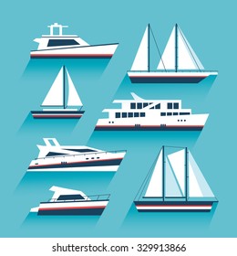 Yachting. Set of yachts and maritime transport. Ship cruise yacht icon set in modern flat style. Yacht icons. Boat and ship icons set. Vector design illustration