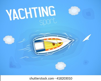 Yachting sport. Yacht in the sea. Top view through the clouds on a white yacht sailing, floating on the waves of the sea. Vector illustration