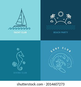 Yachting, surfing, diving club, beach party logo design. Summer, traveling, nautical thin line emblems. Linear illustrations of yacht, surfer, seahorse, tropical island, palm trees. Editable stroke.