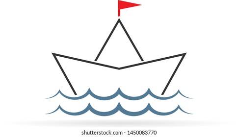 yachting symbol, vector icon, ship paper on wave with flag