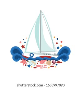 Yachting travel vector illustration. Sport yacht floating on sea waves. Cartoon sailboat. Nautical marine arrangement. Flat design. Blue and red. For book cover, placement print on textile, card.