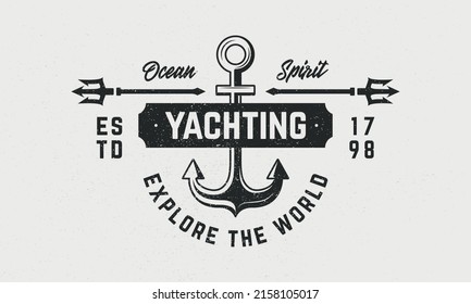 Yachting Vintage-Logo, Poster. Meeremblem mit Anker und Dreier. Nautical, Marine Poster, Emblem-Vorlage. Druck für T-Shirt. Vektorgrafik.