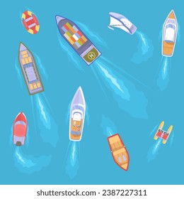 Yachts and boats for travel over sea or ocean water surface aerial eye view vector illustration. Summer vacation, romantic cruise and aquatic leisure activity concept