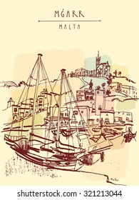Yachts and church in port of Mgarr, Gozo island, Malta. Vector hand drawn vintage postcard