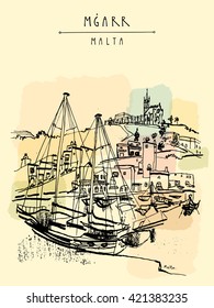 Yachts and church in port of Mgarr, Gozo island, Malta. Beautiful marina. Hand drawn vintage travel postcard, postcard template, book illustration in vector