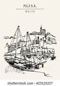 Yachts and church in port of Mgarr, Gozo island, Malta.Beautiful marina. Hand drawn vintage trave postcard, postcard template, book illustration in vector