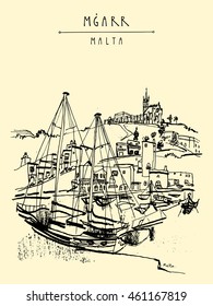Yachts and church in port of Mgarr, Gozo island, Malta. Beautiful marina. Hand drawn vintage travel postcard, postcard template, book illustration in vector
