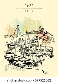 Yachts and church in port of Mgarr, Gozo island, Malta. Beautiful marina, quay, seafront. Hand drawn vintage travel postcard, postcard template, book illustration in vector