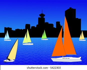 yachts with colourful sails and Vancouver skyline