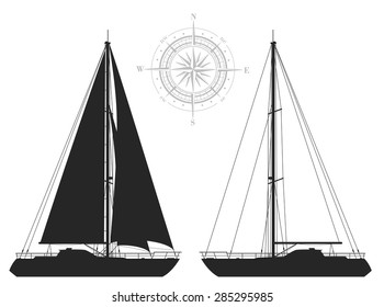 Yachts. Detail vector illustration of two black yachts isolated on white background. 