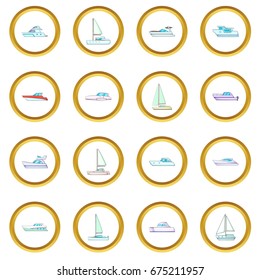 Yachts icons circle gold in cartoon style isolate on white background vector illustration