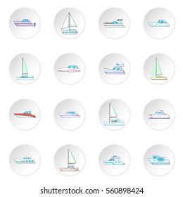 Yachts icons set. Cartoon illustration of 16.