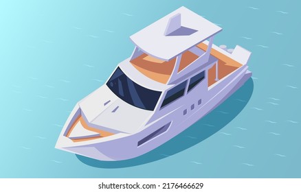 Icono isométrico de yates. Barco de viajes. Barco de crucero de lujo. Buque de Yachting 3d. Cruceros de pesca marítima. Transporte turístico de agua por río o lago. Ilustración del vector