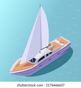 Yachts isometric icon. Travel ship. Luxury marine cruise boat. Yachting 3d vessel. Fishing sea cruise. Tourism water transport for river or lake. Vector illustration