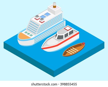 Yachts isometric icons set on water.vector illustration 
