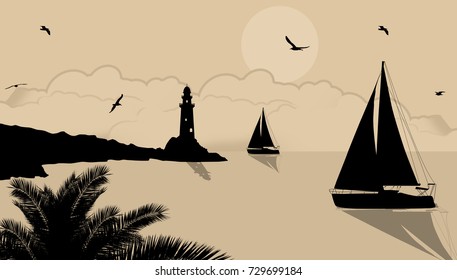 Yachts and lighthouse on beautiful place on retro style, vector illustration