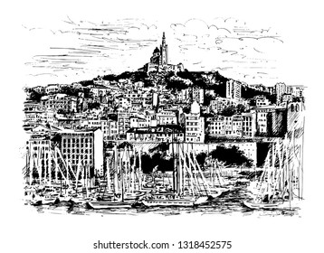 Yachts on the beach near the city of Nice are hand-drawn and traced into a vector image black. Beautiful architectural lines of the unforgettable city of France, celebrities and a rich journey Nizza