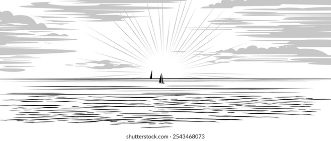 Yachts on horizon. Sunrise. Seascape with water and waves. Image of black silhouette isolated on white background. Vector