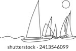 Yachts on sea waves.  Continuous line  drawing. Vector illustration. Isolated on white background