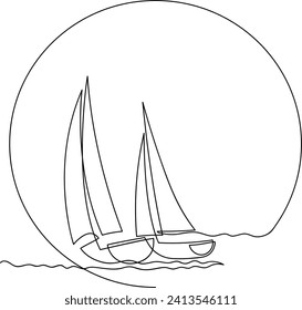 Yachts on sea waves.  Continuous line  drawing. Vector illustration. Isolated on white background