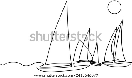 Yachts on sea waves.  Continuous line  drawing. Vector illustration. Isolated on white background