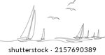 Yachts on sea waves. Seagull in the sky. Draw one continuous line. Vector illustration. Isolated on white background
