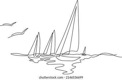 Yachts on sea waves. Seagull in the sky. Draw one continuous line. Vector illustration. Isolated on white background