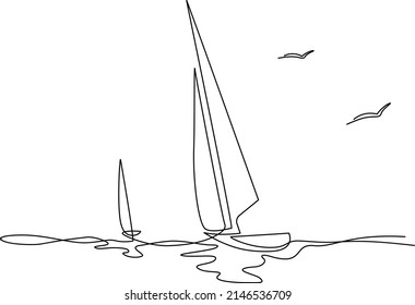 Yachts on sea waves. Seagull in the sky. Draw one continuous line. Vector illustration. Isolated on white background