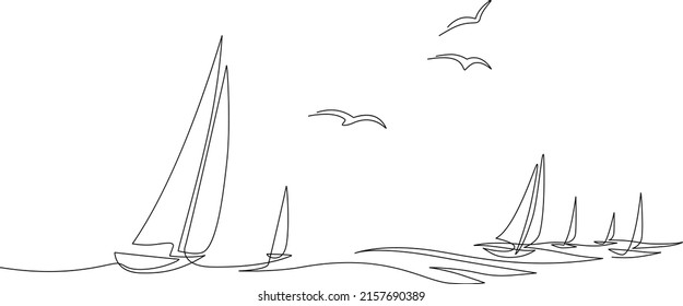 Yachts on sea waves. Seagull in the sky. Draw one continuous line. Vector illustration. Isolated on white background