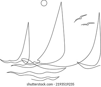 Yachts on sea waves. Seagull in the sunny sky. Continuous line drawing. Vector illustration. Isolated on white background