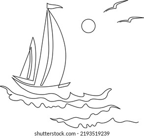 Yachts on sea waves. Seagull in the sunny sky. Continuous line drawing. Vector illustration. Isolated on white background