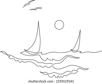 Yachts on sea waves. Seagull in the sunny sky. Continuous line drawing. Vector illustration. Isolated on white background