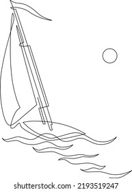 Yachts on sea waves. Seagull in the sunny sky. Continuous line drawing. Vector illustration. Isolated on white background