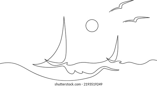 Yachts on sea waves. Seagull in the sunny sky. Continuous line drawing. Vector illustration. Isolated on white background