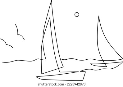 Yachts on sea waves. Seagull in the sky. Draw one continuous line. Vector illustration. Isolated on white background