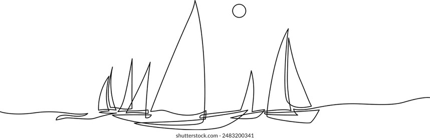 Yachts on sea waves. Seagull in the sky. Continuous line  drawing illustration. Isolated on white background