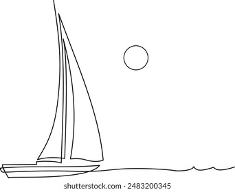 Yachts on sea waves. Seagull in the sky. Continuous line  drawing illustration. Isolated on white background