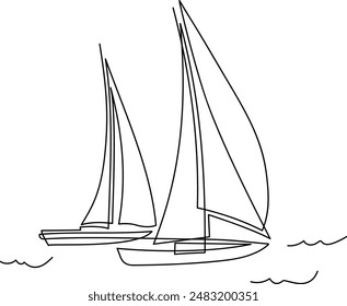 Yachts on sea waves. Seagull in the sky. Continuous line  drawing illustration. Isolated on white background