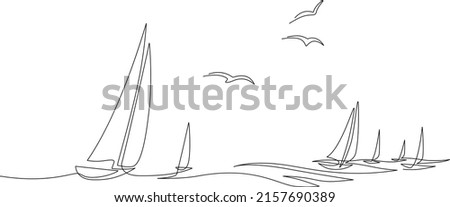 Yachts on sea waves. Seagull in the sky. Draw one continuous line. Vector illustration. Isolated on white background