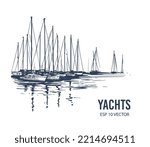 Yachts on the water. Hand drawn vector sketch illustration 