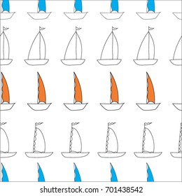 Yachts in a row, sea transport, recreational boats, seamless pattern. Freehand drawing vector  with doodles. modern seamless pattern.
