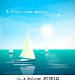 Yachts sail on the sea. Bright summer polygonal illustration with place for text