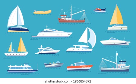 Yachts and sailboats. Small sea transport, motorboat and fishing ship. Flat marine regatta boat, ocean vessel with sail or motor, vector set. Luxury transport for relaxation and vehicle for fishing