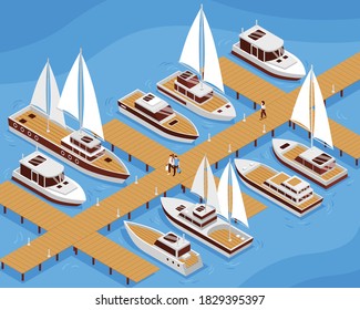 Yachts sailing and motor boats and people going along pier 3d isometric vector illustration