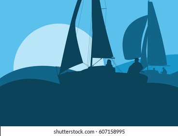 Yachts sailing regatta ocean landscape with sunset vector