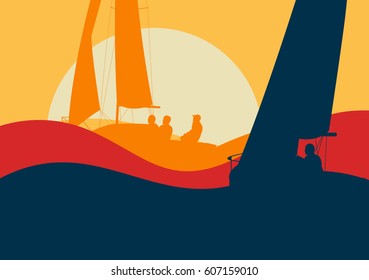 Yachts sailing regatta ocean landscape with sunset vector