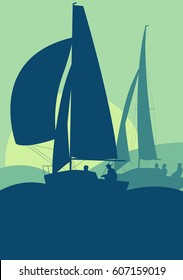 Yachts sailing regatta ocean landscape with sunset vector