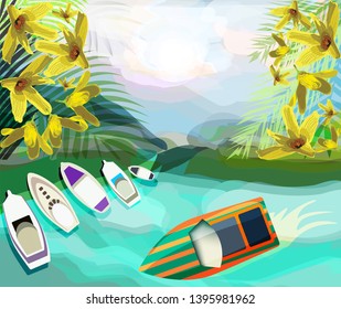 Yachts in the sea bay. Landscape. Vacation and rest. Sea coasts on the best resorts of the world. For the design of travel agencies