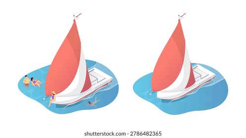 Yachts in sea, empty vessel and with people on board. Vector isometric boats with characters. Elements for travel and summer vacation. Leisure apps and presentations, websites and infographics