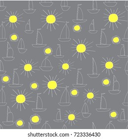 yachts, sea transport, boats and stylized suns drawn in a naive manner.  Sketch. Freehand drawing vector  with doodles. modern seamless pattern.